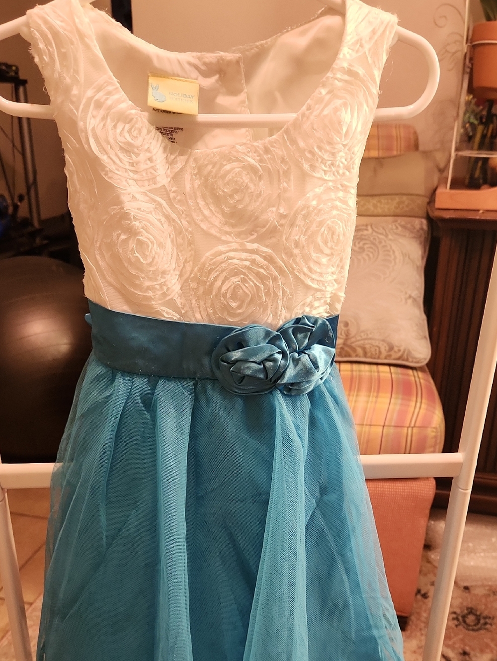 Holiday Editions White & Teal Rosette Tulle Party Dress